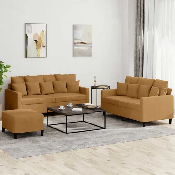 Sofasæt 3 dele i brun velour med hynder