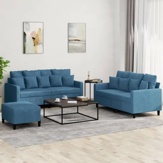 Sofasæt 3 dele i blå velour med hynder
