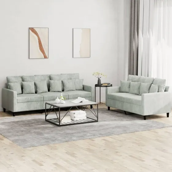 Sofasæt 2 dele i velour – lysegrå med hynder