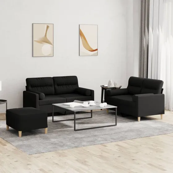 Sofasæt 3-dele i sort stof med puder