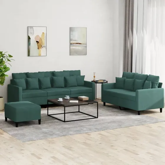 3-personers sofasæt i mørkegrøn velour med hynder