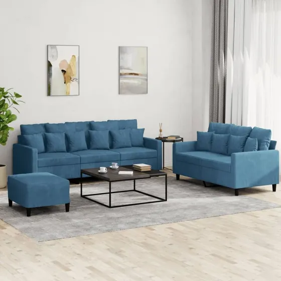 Sofasæt 3-dele i blå velour med hynder