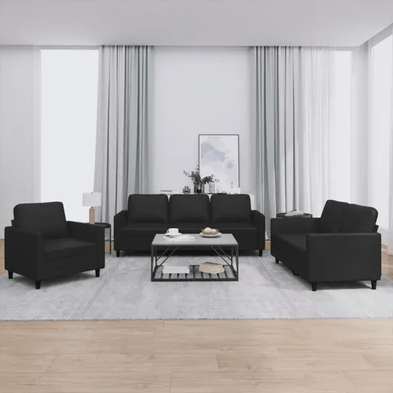 Sofasæt 3 dele i sort kunstlæder med hynder