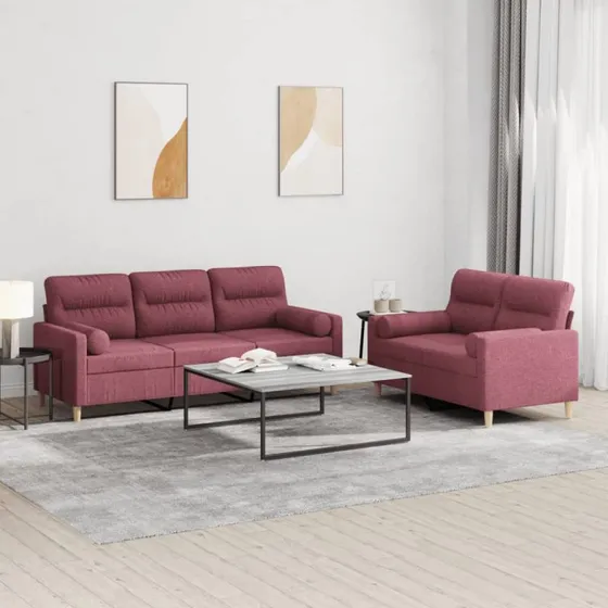 Sofasæt 2 dele i vinrødt stof med puder