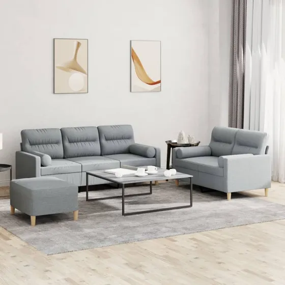 Sofasæt 3-dele i lysegrå stof med puder