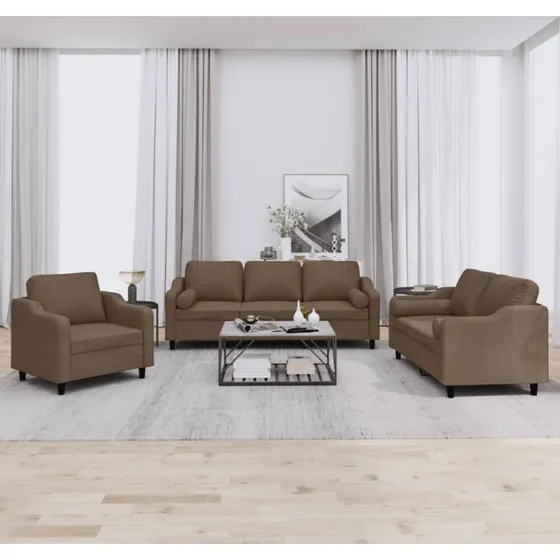 Sofasæt 3 dele i brunt stof med puder