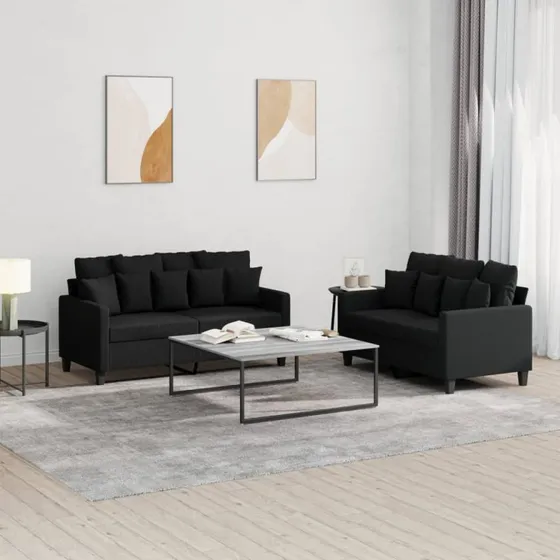 2-personers sofasæt med hynder i sort stof
