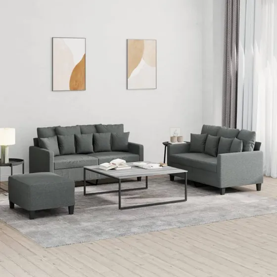 Sofasæt 3 dele med hynder & fodskammel, mørkegrå stof