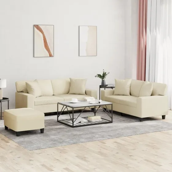 Sofasæt 3 dele i kunstlæder creme m. puder