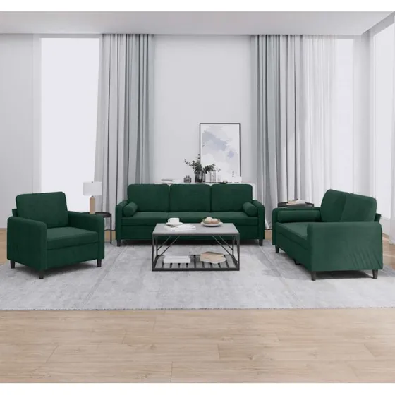 Sofasæt 3-dele i mørkegrøn velour med puder