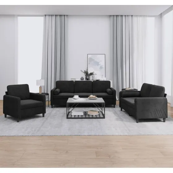 3-personers sofasæt i sort velour med puder