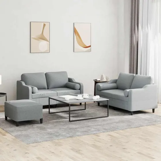 Sofasæt 3 dele i lysegråt stof med puder