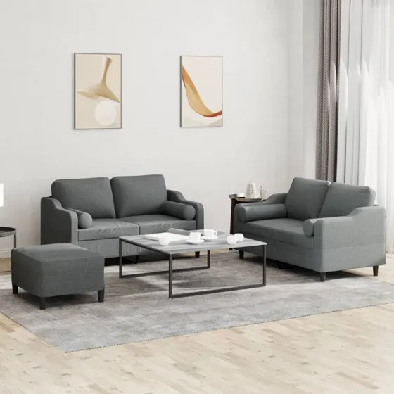 Sofasæt 3 dele med puder i mørkegrå stof