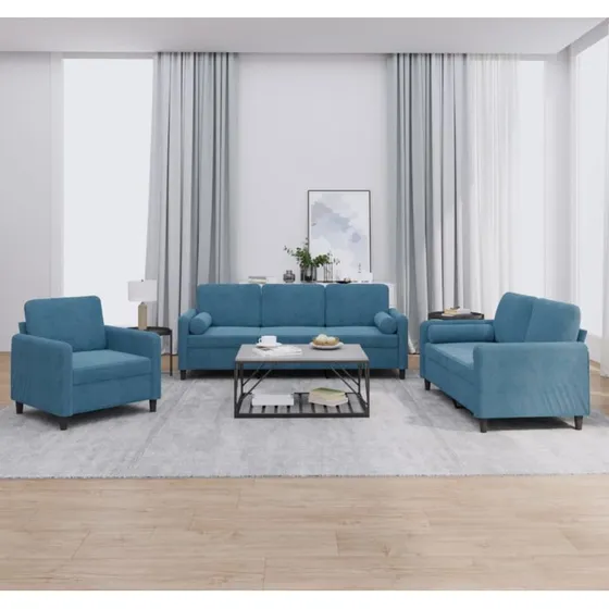 Blåt velour sofasæt 3 dele med puder