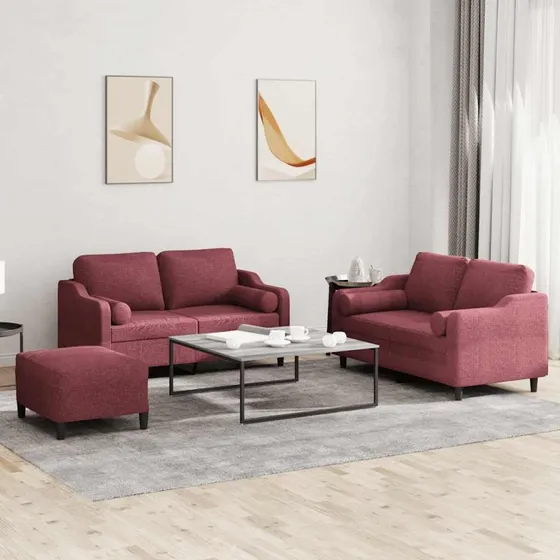 Sofasæt 3 dele i vinrød stof med puder