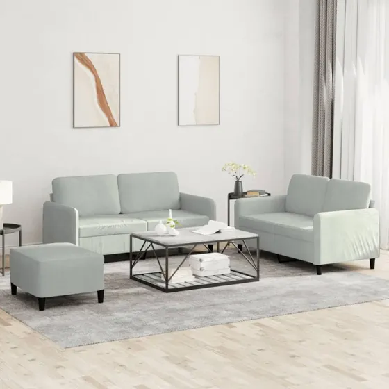 Sofasæt 3 dele i lysegrå velour – komfort & stil