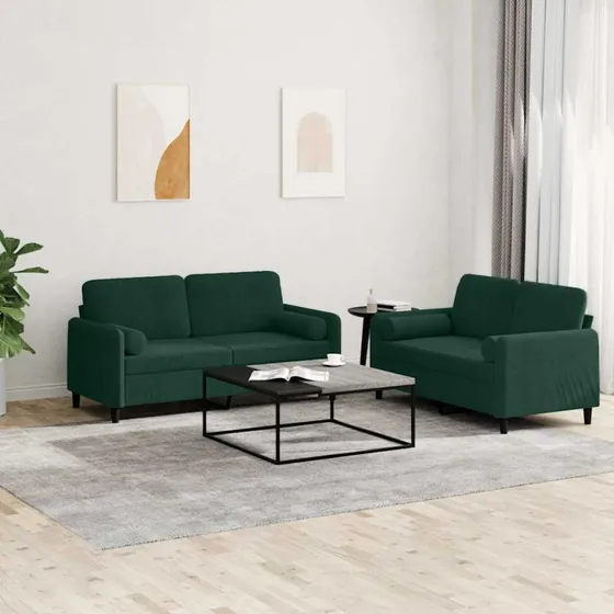 Sofasæt 2 dele i mørkegrøn velour med puder