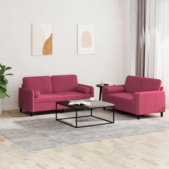 Sofasæt 2 dele i velour, vinrød med puder