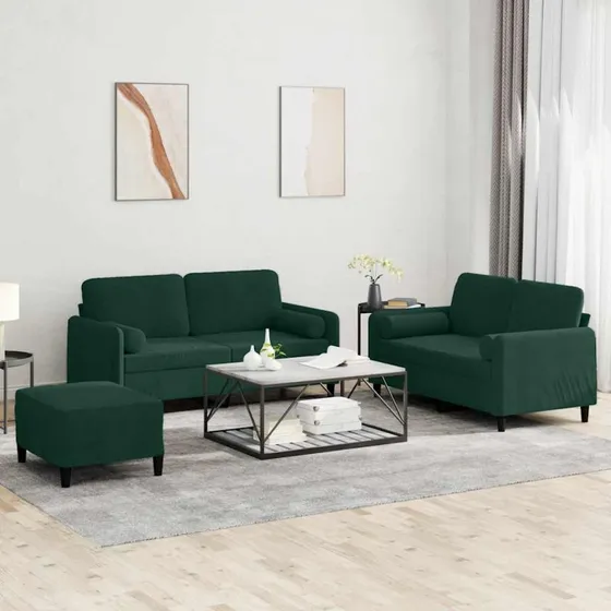 Sofasæt 3 dele i mørkegrøn velour med puder