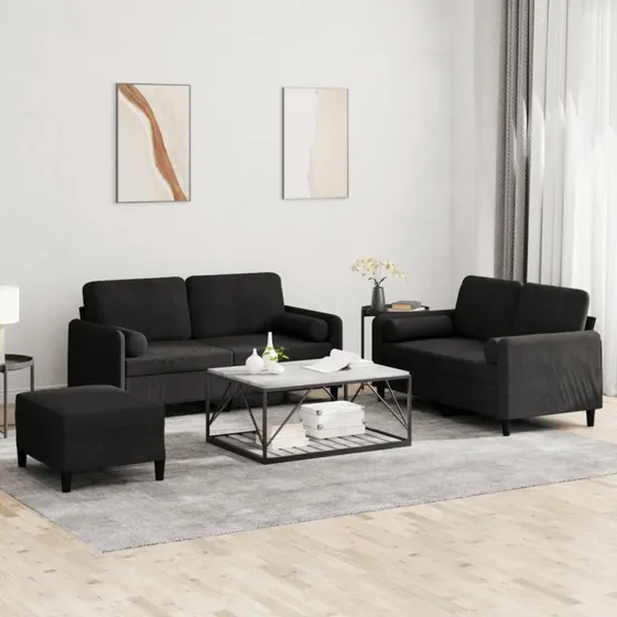 Sofasæt 3 dele i sort velour med puder