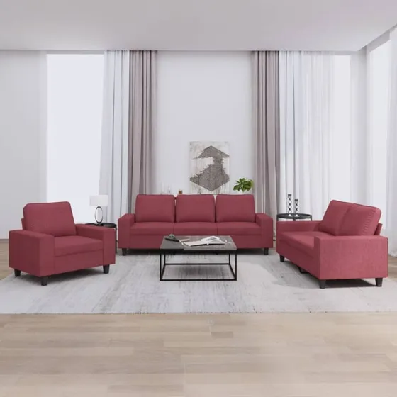 Sofasæt 3 dele i vinrødt stof - komfortabelt og robust