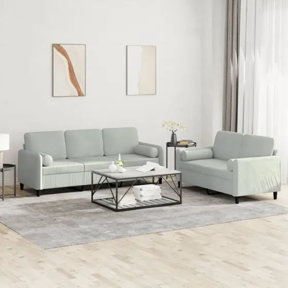 Sofasæt 2 dele i lysegrå velour med puder