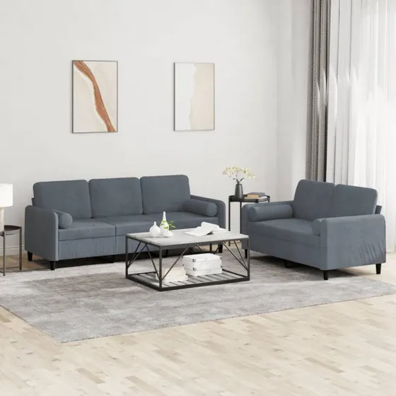 Sofasæt 2 dele i mørkegrå velour med puder