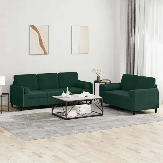 Sofasæt 2 dele i mørkegrøn velour med puder