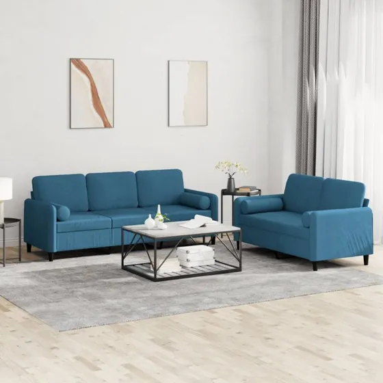 Sofasæt 2 dele i blå velour med puder