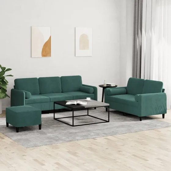 Sofasæt 3-dele i mørkegrøn velour med puder