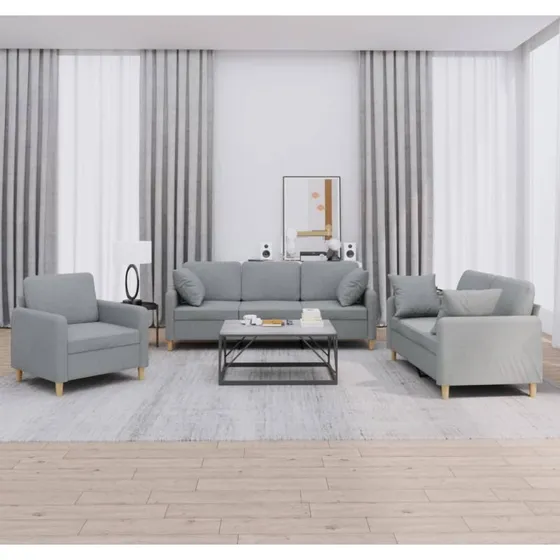 Sofasæt 3 dele i lysegrå stof med puder