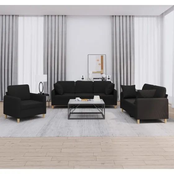 Sofasæt 3 dele i sort stof med puder