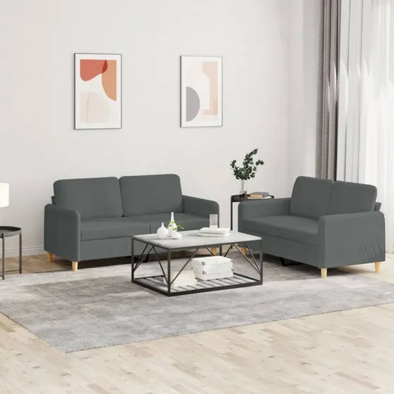 Sofasæt 2-del i mørkegråt stof med hynder