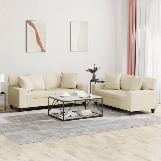 Sofasæt 2 dele i creme kunstlæder med puder