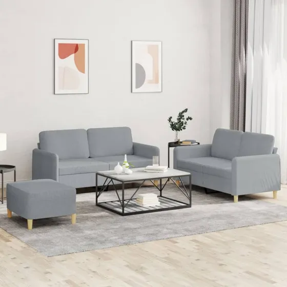 Sofasæt 3 dele i lysegråt stof med hynder