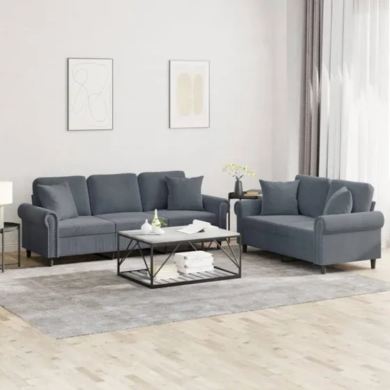 2-personers velour sofasæt med puder – mørkegrå