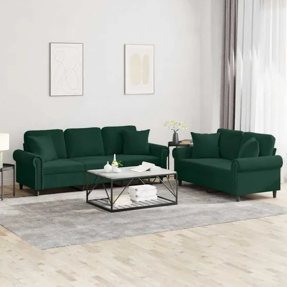 Sofasæt 2 dele i velour mørkegrøn med puder