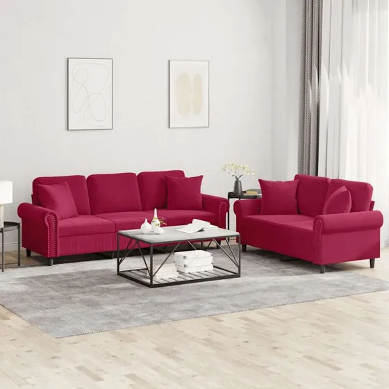 Sofasæt 2 dele i velour, vinrød med puder