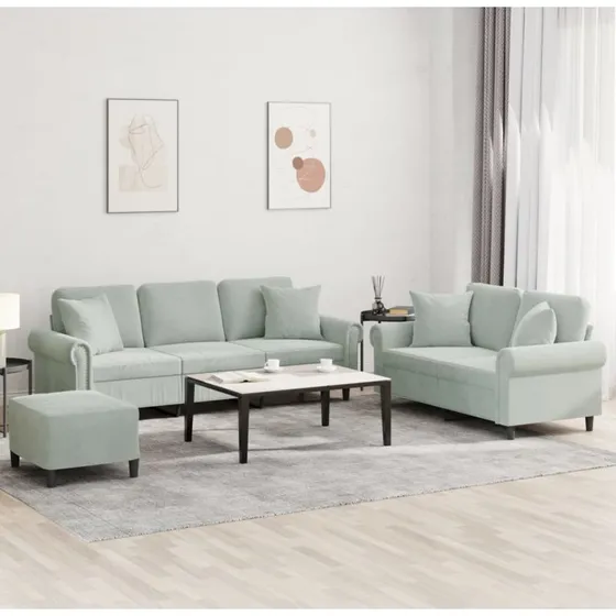 3-delt sofasæt i lysegrå velour med puder