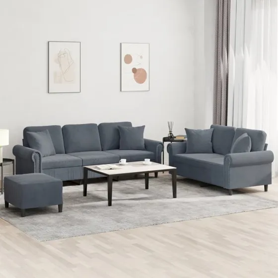 Sofasæt 3 dele i mørkegrå velour med puder