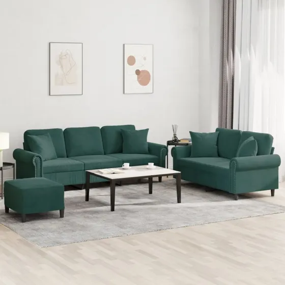 Sofasæt 3 dele i mørkegrøn velour med puder