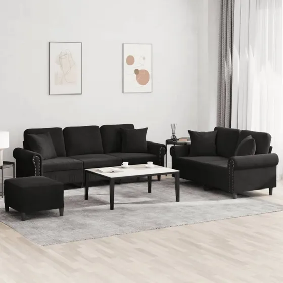 Sofasæt 3 dele i sort velour med puder
