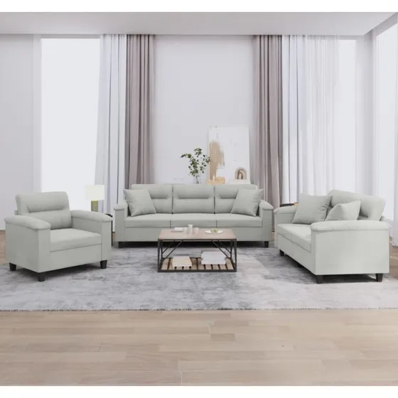 Sofasæt 3 dele i mikrofiber lysegrå med puder
