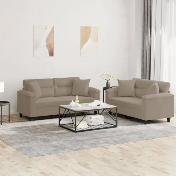 Sofasæt 2 dele i mikrofiber gråbrun med puder