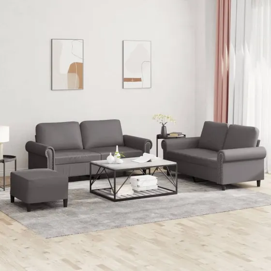 Sofasæt 3 dele i gråt kunstlæder med hynder