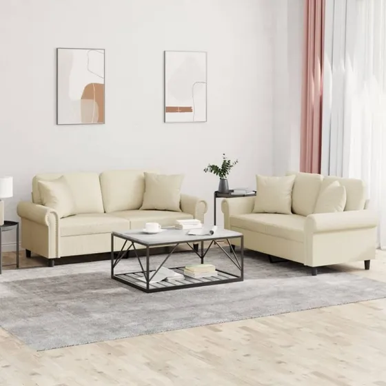 Sofasæt 2 dele i creme kunstlæder med puder