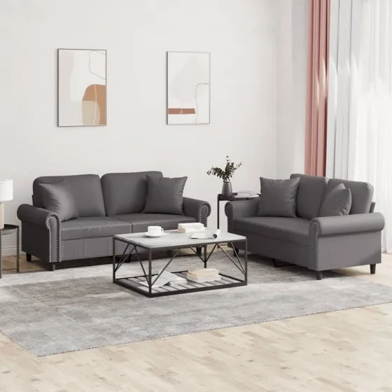 Sofasæt 2-dele i gråt kunstlæder med puder