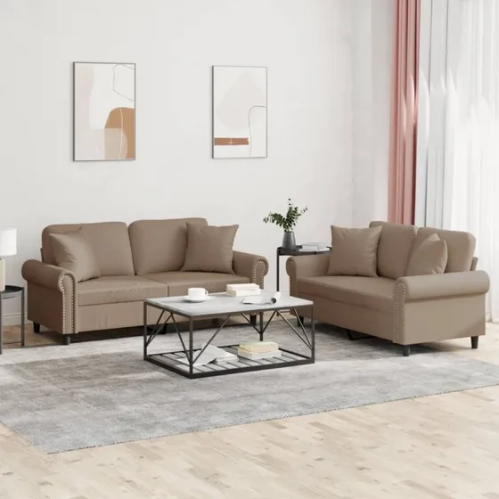 Sofasæt 2 dele i cappuccino kunstlæder med puder