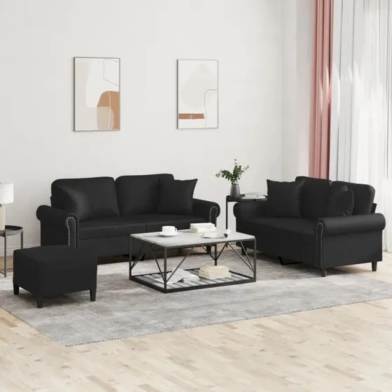 Sofasæt 3 dele i sort kunstlæder med puder