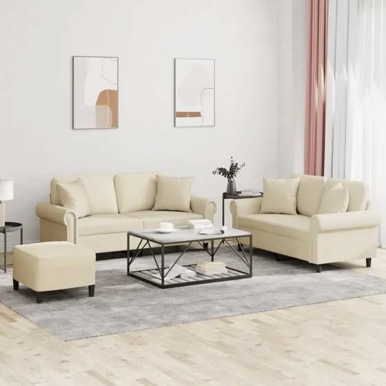 Sofasæt 3 dele i creme kunstlæder med puder